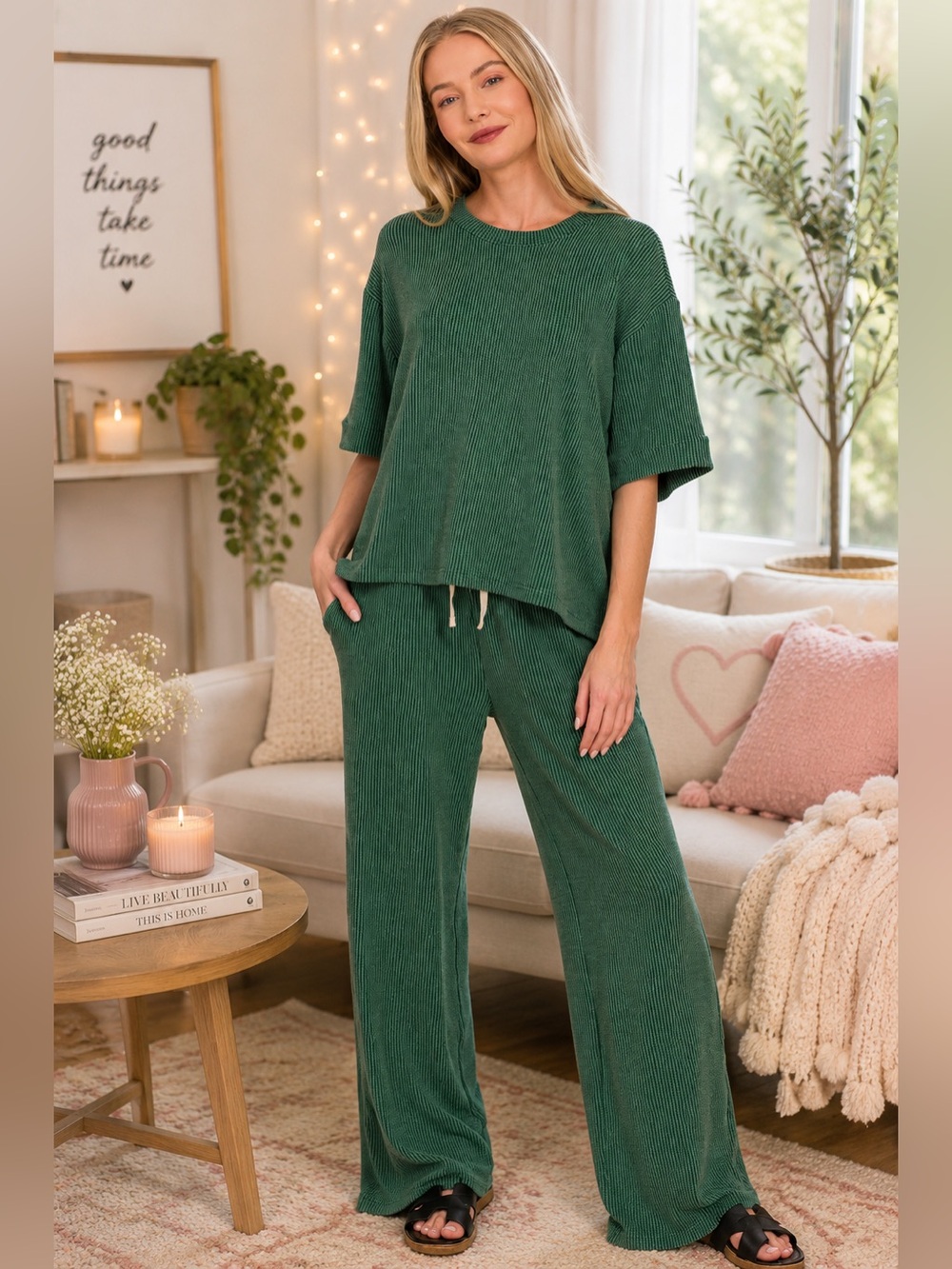 ZENANA HUNTER GREEN RAISED RIB SHORT SLEEVE TEE & PANTS SET NWT